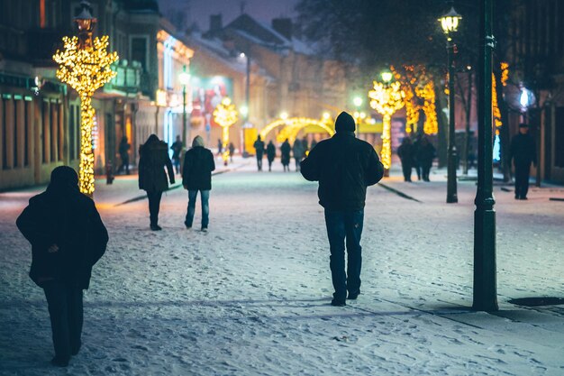 Stockholm street scene with people walking in winter light